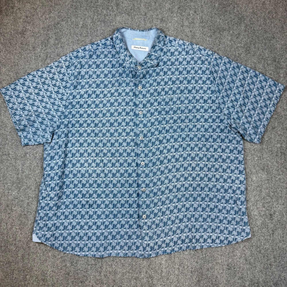 Tommy Bahama Mens 2XLB Blue Palm Tree Print Short Sleeve Button Down Shirt